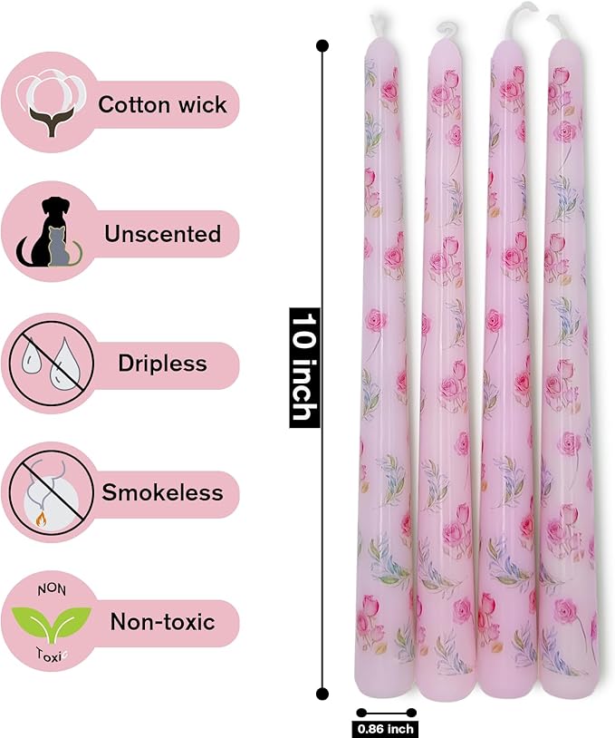 10 Inch Flower Taper Candles 4 Pcs Unscented, Smokeless, Dripless Long Tapered Candlesticks Candles for Mother's Day Birthday Dinner Dating Wedding Party Home Decor