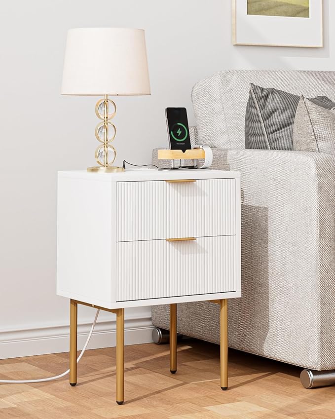 Masupu Nightstand with Charging Station,Mid-Century Modern Bedside Table with 2 Storage Drawer,Small Gold Frame Side End Table for Bedroom,Living Room (White)