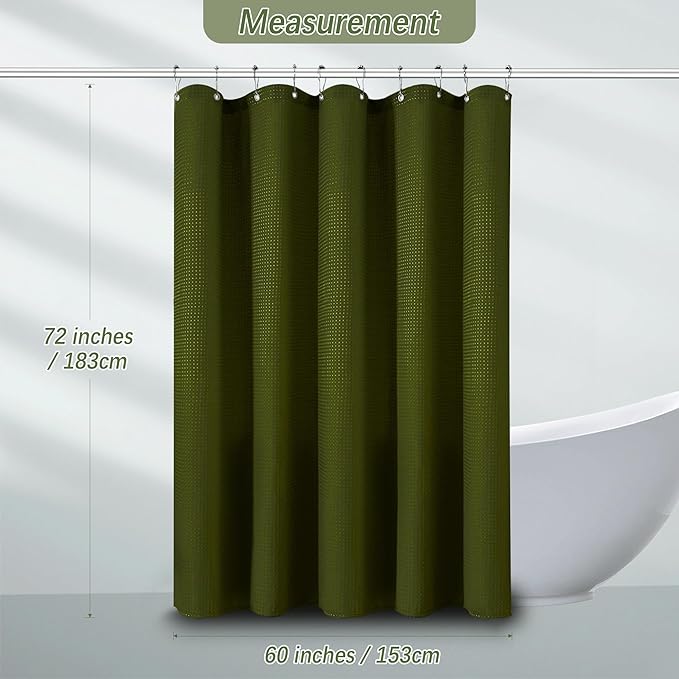 Waffle Shower Curtain Deep Green, Stall Shower Curtain, Heavy Duty Fabric Shower Curtains, Hotel Quality Bathroom Army Green Shower Curtains, 60 x 72 Inches