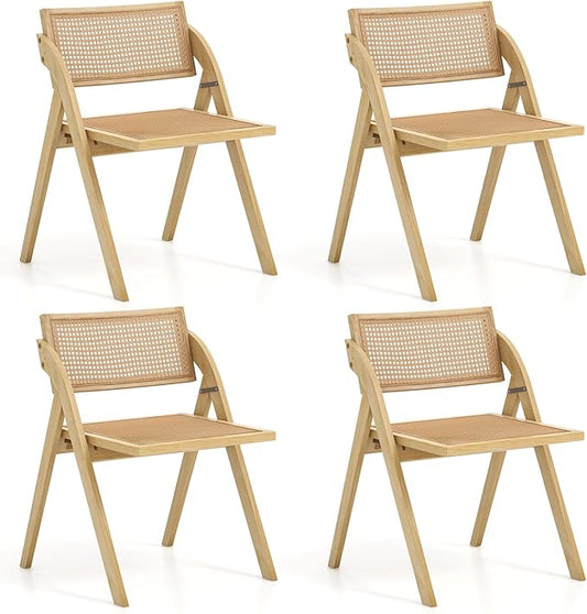 Giantex Folding Dining Chairs Set of 4, Wooden Folding Chair with Rattan Backrest & Seat, Sturdy Rubber Wood Frame, Armless Accent Chairs for Living Room, Kitchen Wedding Party, No Assembly, Natural