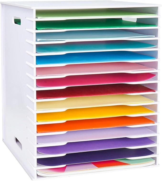 SANFURNEY Scrapbook Paper Organizer for Sizes 12" x 12", 15 Slots File Sorter Storage, Document Holder, Desktop Scrapbook Paper Organizer Rack for Home Office School (White, 15 Slots - Large Size)