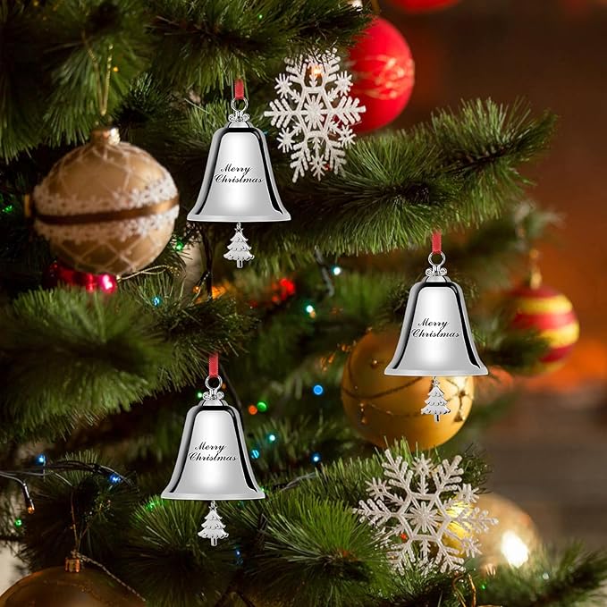Styleonme Decorative Bells, Christmas Ornaments 2024, Engraved It's Merry Christmas 2024, Silvery Bells Decoration with Pendants Tree