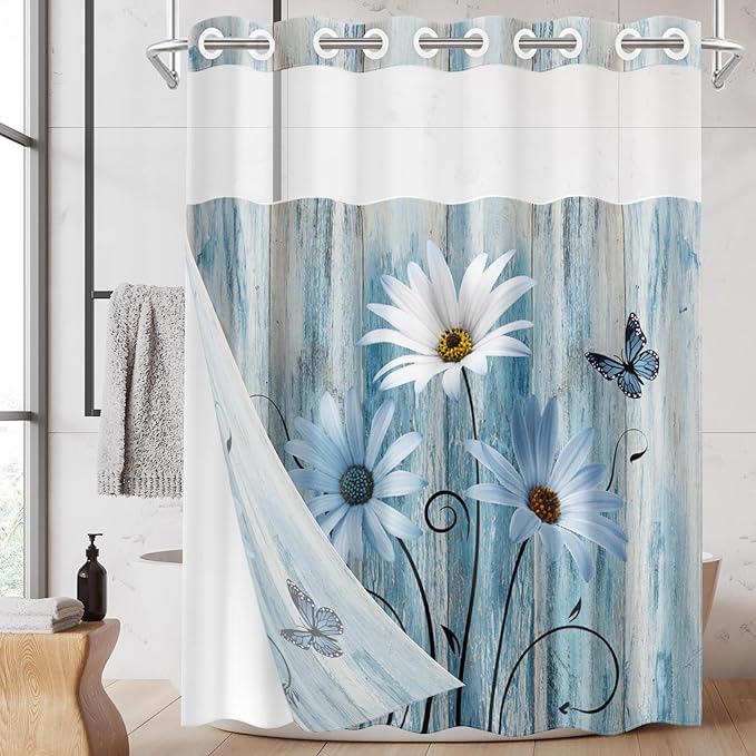 No Hook Blue Daisy Shower Curtain with Snap in Fabric Liner Set, Wooden Boards Double Layers Waterproof Fabric with See Through Top Window Open Grommet Bath Curtain 71x86 Inch
