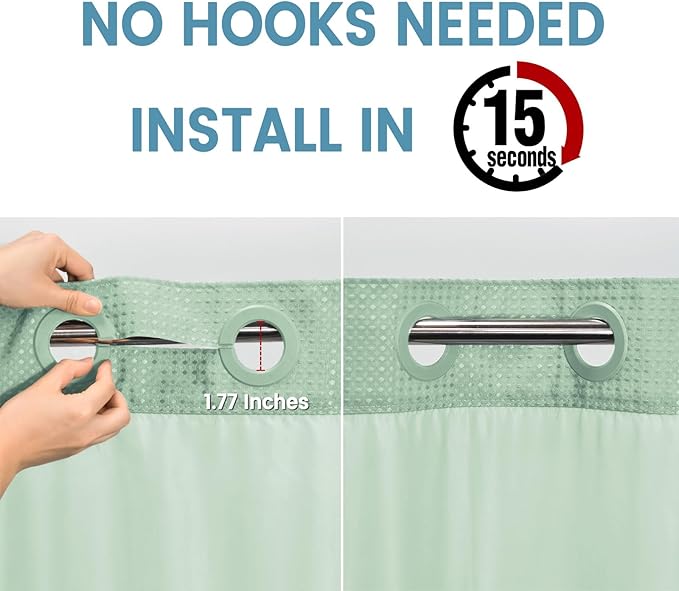 Mint Green No Hook Shower Curtain with Snap in Liner,230GSM Waffle Weave Shower Curtains for Bathroom,71W x 74H