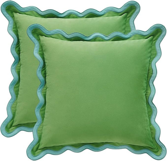 MONDAY MOOSE Decorative Throw Pillow Covers Cushion Cases, Set of 2 Soft Velvet Scalloped Wavy Edge Designs, Pillow Inserts Not Included (Light Blue/Light Green, 16x16 inch)