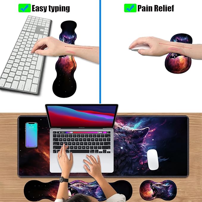 4 in 1 Ergonomic Keyboard Wrist Rest & Mouse Pad Wrist Rest Set, Large XXL Gaming Desk Mat 31.5"x 11.8" with Non-Slip Base, Memory Foam for Home Office Study Gaming, Wolf Howling