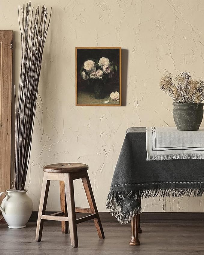 VIYYIEA Vintage Framed Canvas Wall Art Decor, Flower in Vase Classical Painting, Farmhouse Cottage Decor for Bedroom Bathroom Living Room, 9"x11"