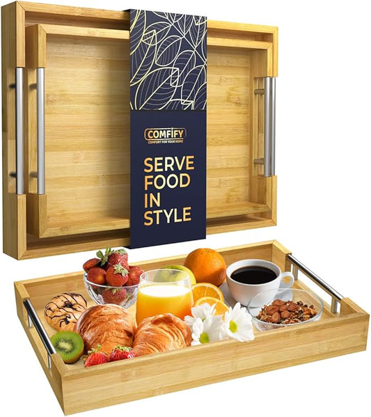 Set of 2 Decorative Serving Trays - Bamboo + Silver Stainless Steel Handles - Coffee Table or Ottoman Tray for Breakfast in Bed Jewelry, Decor Organization - 12"x17" - Pure Bamboo Finish