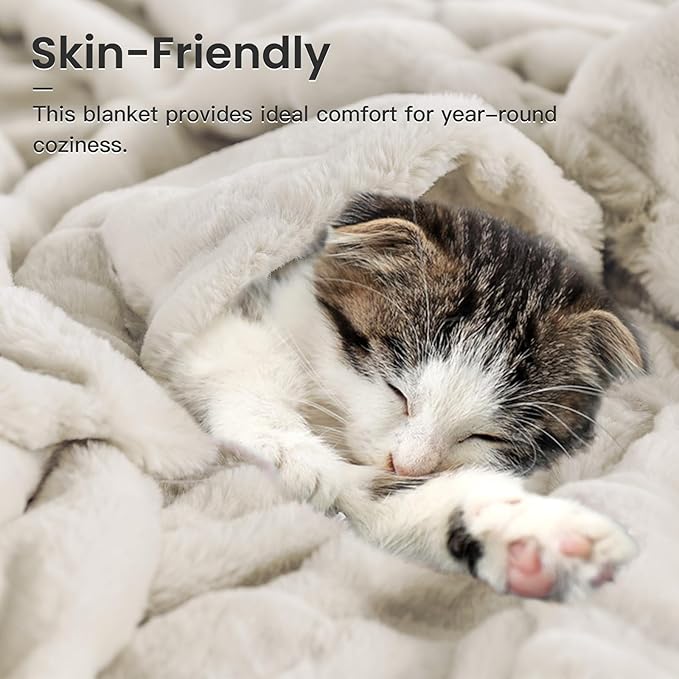 NEXHOME PRO Faux Fur Throw Blanket, Cozy Fluffy Soft Blanket or Couch Sofa Bed Living Room Decorative, Reversible Puffy Thick Warm Blanket for Winter 50"X60" Beige