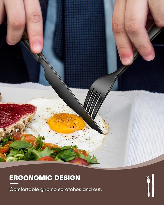 Black Silverware Set for 12, Ollex 60-Piece Black Flatware Set Include Forks Spoons and Knives Stainless Steel Eating Utensils Sets Mirror Finish Tableware Kitchen Cutlery Sets, Dishwasher Safe