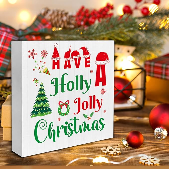 Indoor Christmas Decorations, Have a Holly Jolly Christmas Wooden Sign Decor, Farmhouse Christmas Wooden Block Sign, Christmas Home Decor for Table Shelf 5 x 5 Inch
