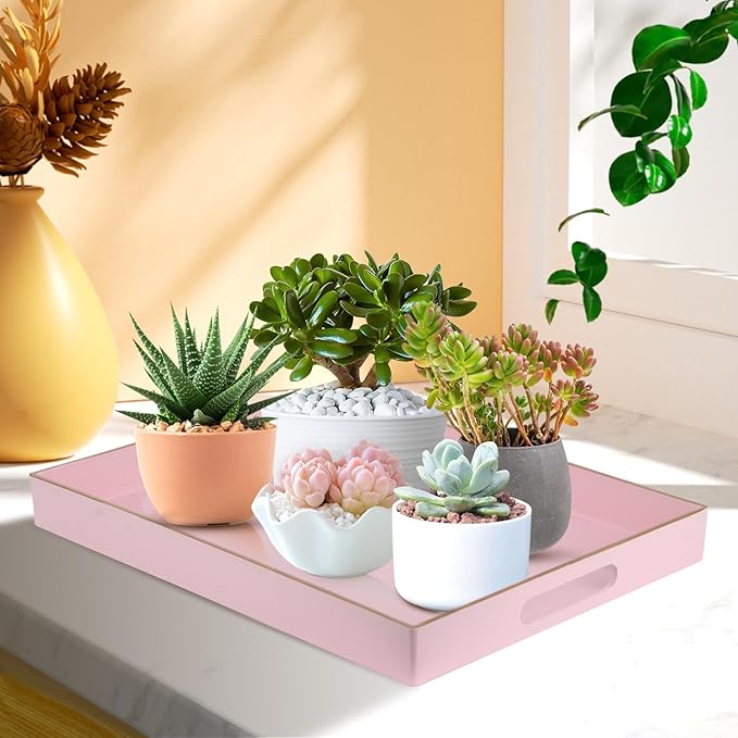 Sturdy Acrylic Serving Tray with Handles-15.7x11.8Inch, Morden Plastic Rectangular Serving Tray for Coffee Table Bathroom, Ottoman, Home Decor (Rectangular - Pink)