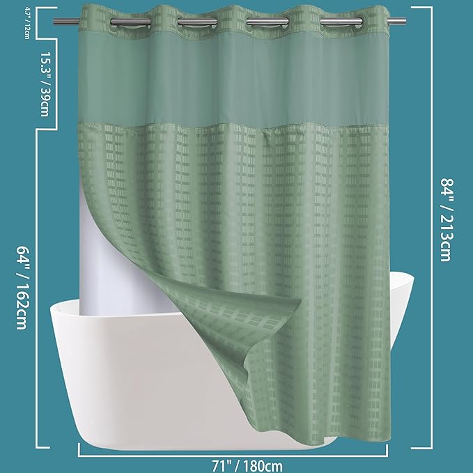 Extra Long No Hook Sage Green Shower Curtain with Snap in Liner Set, Hotel Luxury Shower Curtains for Bathroom with See Through Top Window, Waterproof, Washable 71W x 84H