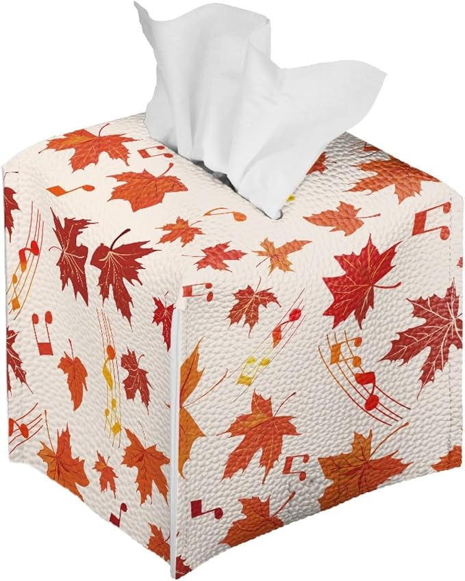 Maple Leaf Tissue Box Cover Square PU Leather Tissue Box Holder Facial Paper Boxes Case for Tabletop Night Stands Bathroom Office Thanksgiving Modern Decorative Cube Napkin Case