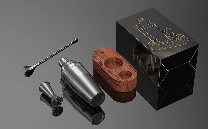 Cocktail Shaker Set,24 oz Martini Shaker,Bartender Kit with Stand,Stainless Steel Martini Mixer Built-in Strainer,Bar Tool Set,Drink Shaker,Fun Gifts. (Black)