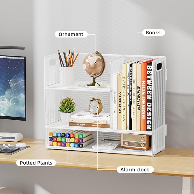 Marbrasse 3-Tier Desk Shelf Organizer with Handle, Desktop Bookshelf File Holder, Mesh Display Shelf Organizer Storage Rack for Office, Home, Supplies, Kitchen (White)