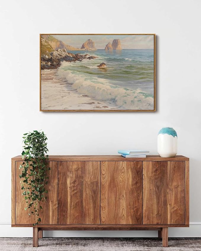 KISSFOX Vintage Ocean Canvas Wall Art Framed Nature Coastal Beach Seascape Paintings Prints Gallery Artwork Aesthetic Pictures Decor Living Room Bathroom Office Bedroom
