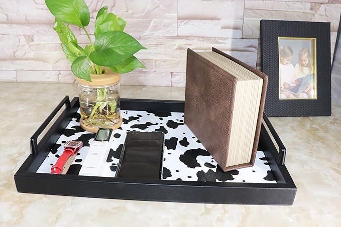 MCBZ Living Room Decorative Tray, Serving Tray, Coffee Table Tray, Leather Tray, Hardware Handle 16.5 x 12.6 inches (Black)