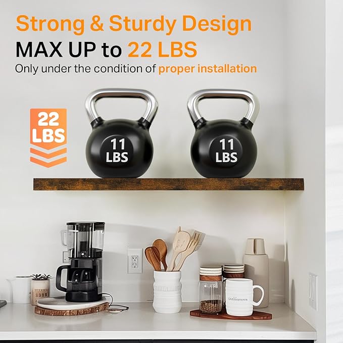 BAYKA Floating Shelves, 22.5 inch Rustic Wood Wall Mounted Shelves for Bedroom, Living Room, Kitchen & Office, Hanging Display Shelf with 22 lbs Capacity (Rustic Brown,Set of 2)