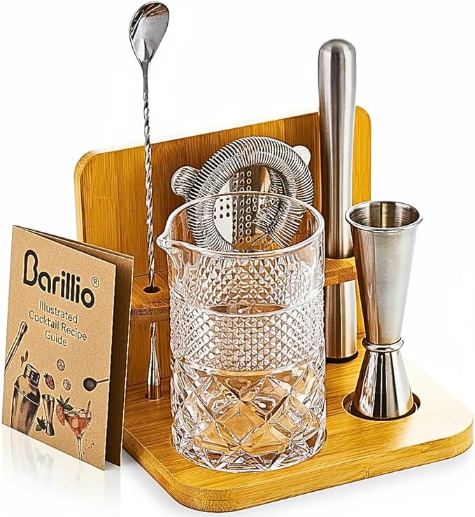 Barillio 24 Oz Crystal Cocktail Mixing Glass with Bamboo Stand & Bar Tools | Seamless Lead-Free Crystal, Weighted Base Stirring Pitcher | Including Muddler, Mixing Spoon, Jigger and Strainer