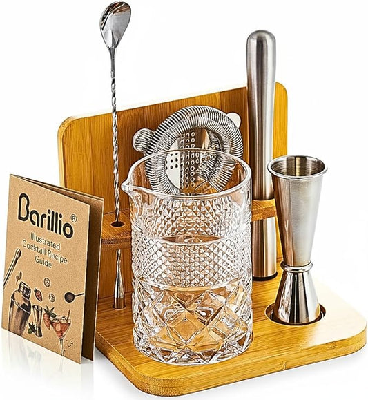 Barillio 24 Oz Crystal Cocktail Mixing Glass with Bamboo Stand & Bar Tools | Seamless Lead-Free Crystal, Weighted Base Stirring Pitcher | Including Muddler, Mixing Spoon, Jigger and Strainer