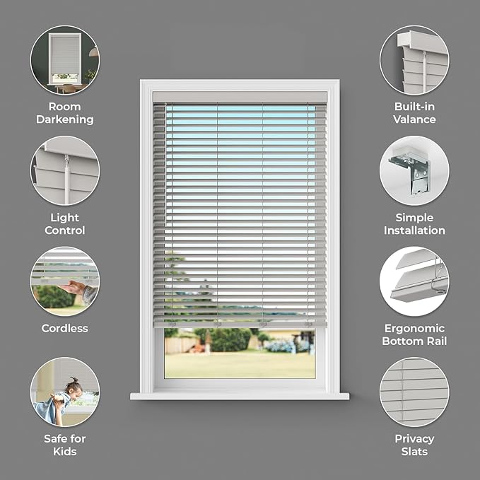 2 Inch Cordless Room Darkening Faux Wood Blind - 53.25" W x 72" L - Gray, Over 1,000 Custom Sizes Starting at 18.97, Inside or Outside Mount, Venetian Shades for Interior Windows by Lumino