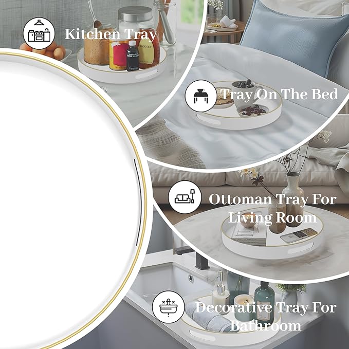 MAONAME White Decorative Tray for Coffee Table, Modern Round Serving Tray with Handles, 13" Plastic Tea Trays for Ottoman, Bathroom Decor