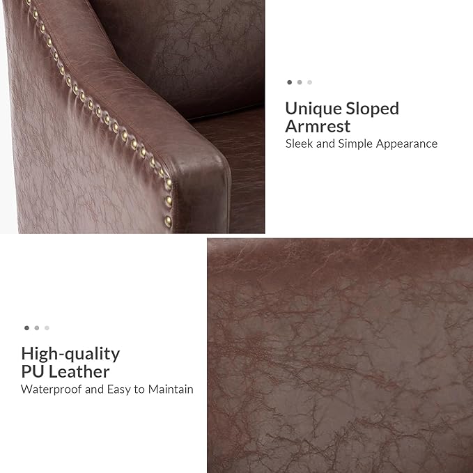 HULALA HOME Faux Leather Accent Armchairs Set of 2 with Back & Seat Cushions, Traditional Club Chairs with Nailhead Trim, Comfy Upholstered Sofa Chairs for Living Room Bedroom, Brown