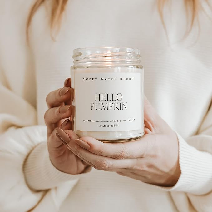 Sweet Water Decor Hello Pumpkin Candle - Fall Soy Candles with Pumpkin, Warm Spices, Vanilla and Buttery Pie Crust - Pumpkin Candles for Home with 40 Hours Burn Time - 9Oz Gold Lid Clear Jar Candle