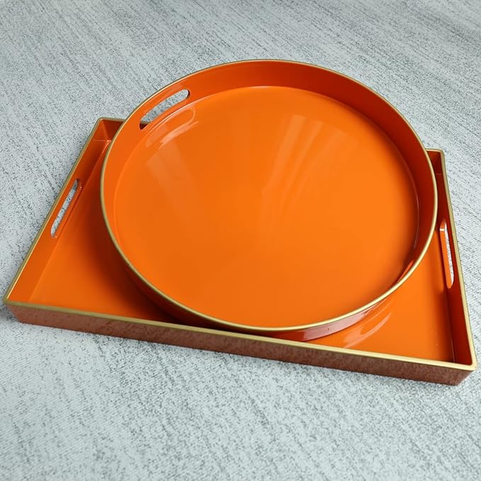Spsyrine Round Orange Decorative Tray, 13" Plastic Serving Table Tray with Handles for Breakfast, Coffee Table, Bathroom, Kitchen, Living Room