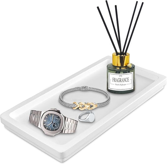 Acacia Rectangle Organizer Tray - 11.8 x 5.9 Inches, Soap Tray for Bathtub Countertop Sink Dresser Toilet Tank - Home Decoration for Jewelry Dish Key Plate (White)