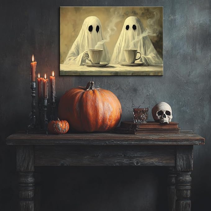 BANHUA1 Vintage Halloween Canvas Wall Art, Two Ghosts Drinking Coffee Picture Print, Dark Academia Wall Decor for Home, Living Room, Bedroom, 32 x 24 Inch