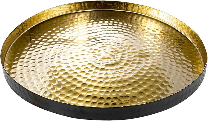 MyGift 12 Inch Round Decorative Platter, Gold Tone Plated Hammered Aluminum with Matte Black Accent Serving Plate, Centerpiece Base or Vanity Tray - Handcrafted in India