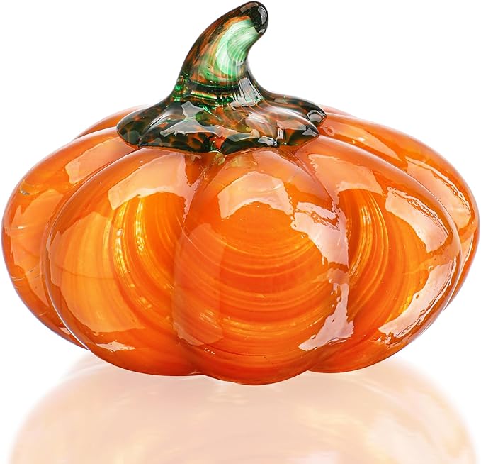 H&D HYALINE & DORA Halloween Glass Pumpkin Collectible Figurine, Blown Glass Pumpkin Fall Decorations for Home Fall Harvest Thanksgiving, Orange Crystal Art Pumpkin Paperweight