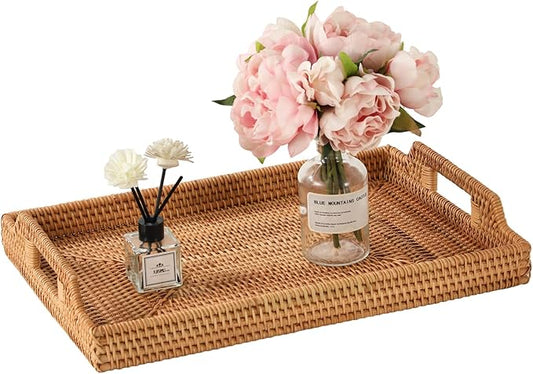 17'' Rattan Serving Tray Rectangle with Handles, Vintage Wicker Table Tray for Decor, Boho Hand Woven Seagrass Coffee Table Basket Tray for Ottoman, Breakfast, Bathroom, Outdoor