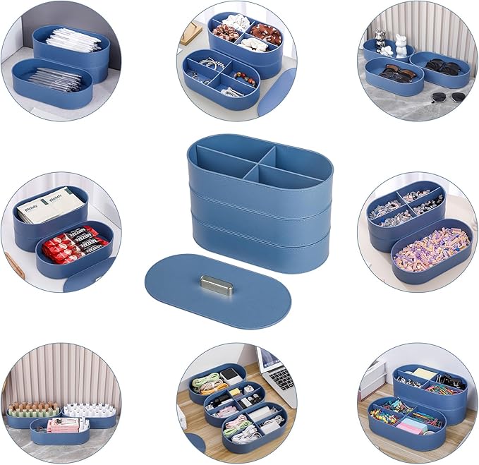 Yesesion Large Cable Organizer Box with Lid, Plastic Cord Management Case with 20pcs Wire Ties, Desk Drawer Tray for Home Office Supplies, Electronics, Chargers, Sticky Notes, Pens, Makeup (Blue)