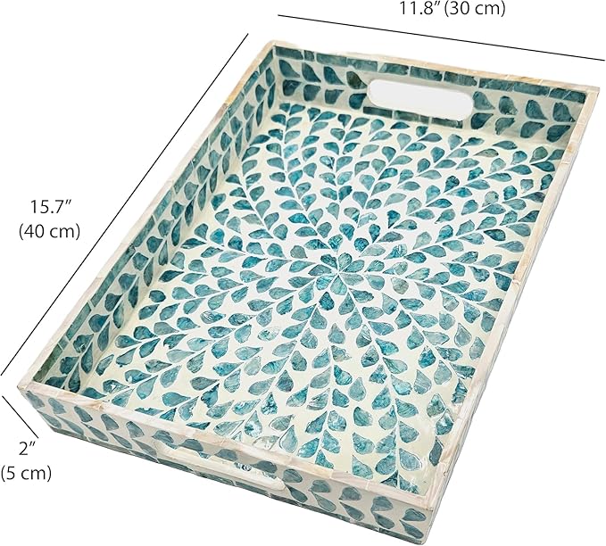 PEMAR Rectangular Mother of Pearl Serving Tray Nacre Wood Lap Ottoman Tray for Coffee Table, Luxury Decorative Handmade Eating Platters w Insert Handles (Teal Floral Pattern)