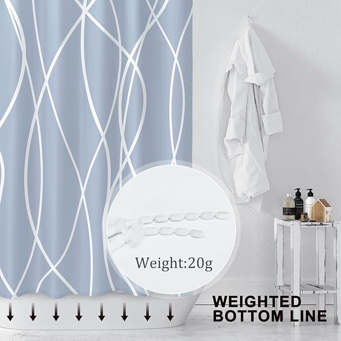 Punkray Light Blue Shower Curtain for Bathroom with Hooks, Shower Curtain Set, White Stripe Bath Curtains Decorative Shower Curtains Water Repellent Washable, 72 x 72
