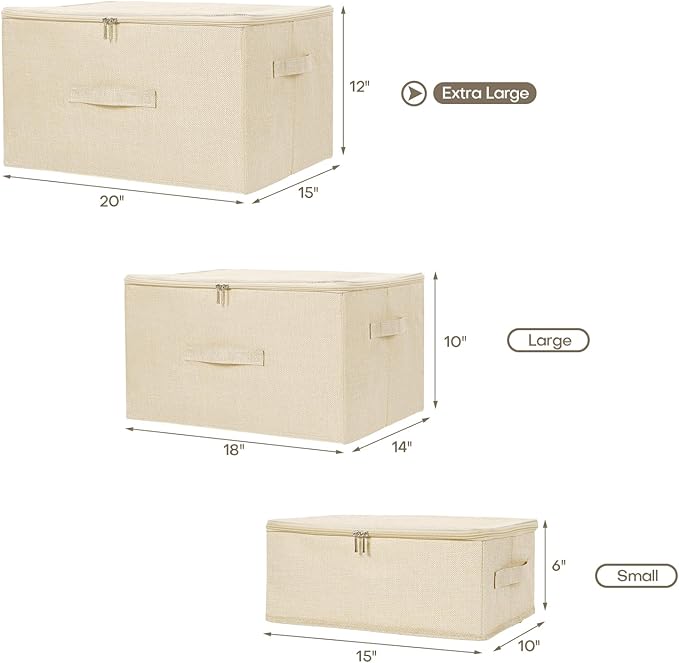 ANMINY 2PCS Storage Bins with Zipper Lids 36 Qt Lidded Fabric Storage Boxes Baskets Cubes with Handles Collapsible Washable Cotton Linen Closet Shelf Clothes Organizer Containers - Beige, Large