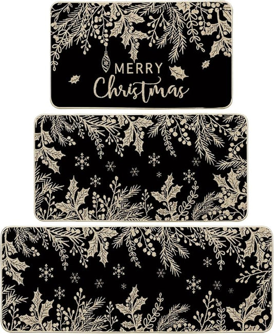 Artoid Mode Black Holly Pine Branches Merry Christmas Kitchen Mats Set of 2, Winter Decor Low-Profile Kitchen Rugs for Floor - 17"x29"+17"x36"+17"x47"