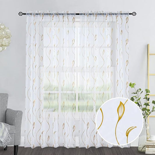 Gold Foil Print Sheer Curtains 63 inches Long, 2 Panels Ginkgo Bronzing Treatment Sheer Curtain, Rod Pocket Window Treatment Panels for Bedroom Living Room
