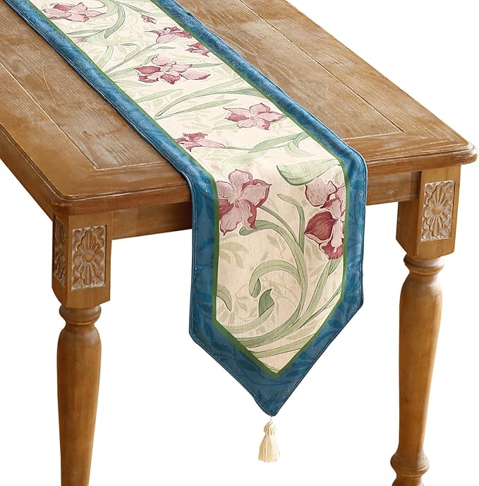 patdrea Designer Elegant Bright Linen Extra Long Table Runner 118 Inch Long, Mauve Iris Floral Pattern Table Mat, Decoration for Kitchen Dining Coffee Table Cabinet Banquet Christmas ,12"*118"