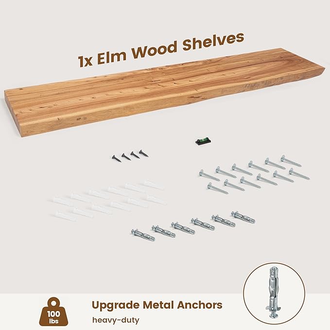 Rustic Elm Wood Floating Shelf for Wall, Live Edge 55"W x 9.2"D x 1.4"H, 1 Pack with Invisible Bracket, Large Wall Mounted Storage Shelf for Living Room Bedroom Kitchen Bathroom Decor, Natural Finish