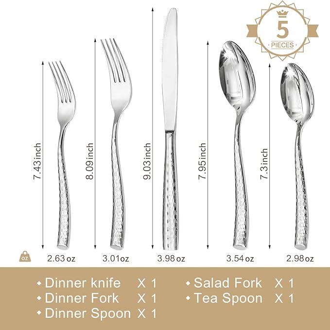 Kingstone Hammered Silverware Set, 5-Piece Flatware Set for 1, 18/10 Stainless Steel Heavy Duty Cutlery Set, Mirror Polished Utensil Sets for Home, Restaurant, wedding, Dishwasher Safe