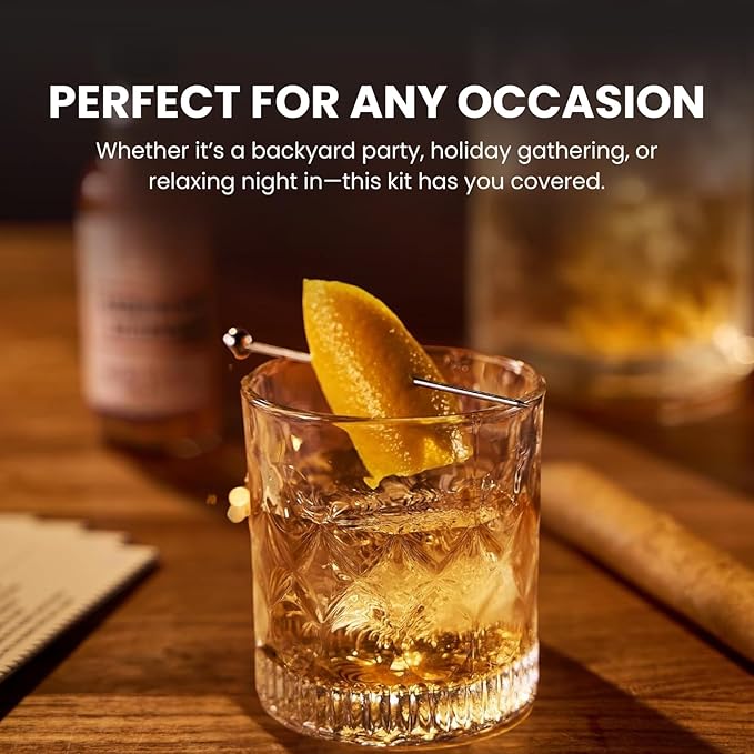 13-Piece Cocktail Shaker Set Bartender Kit+Bitters - Bar Mixing Stir Set with Whiskey Glass, Strainer, Jigger, Garnish Picks, Recipe Cards - Cocktails, Martinis, Manhattans & More