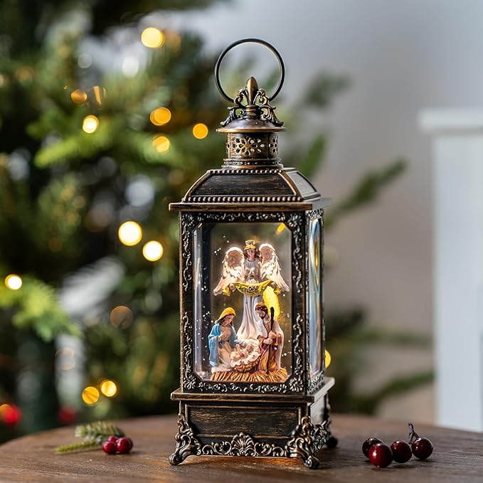 Christmas Snow Globe Lighted Angel & Nativity Scene, Musical Water Lantern in Swirling Glitter, Holiday Decorations Gifts for Family, Children or Friends