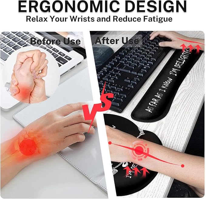 Britimes Skull Skeleton Black Ergonomic Mouse Pad Set with Wrist Rest Non-Slip Rubber Base Wrist Cushion Support and Coasters Mousepad with Wrist Support for Computer Keyboard and Desk