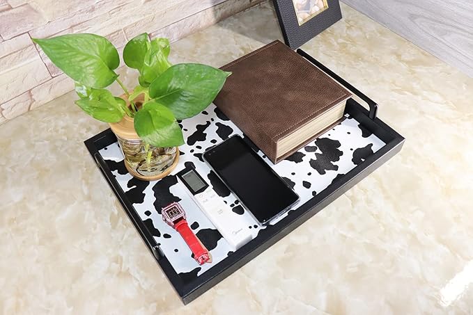 MCBZ Living Room Decorative Tray, Serving Tray, Coffee Table Tray, Leather Tray, Hardware Handle 16.5 x 12.6 inches (Black)