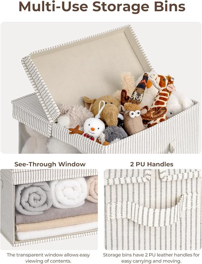 StorageWorks Storage Bins with Lid and Clear Window, Fabric Storage Boxes with Lids, Stackable Basket for Shelves, Closet Organizer and Storage Bins, Khaki and Beige Stripes, Jumbo, 4-Pack