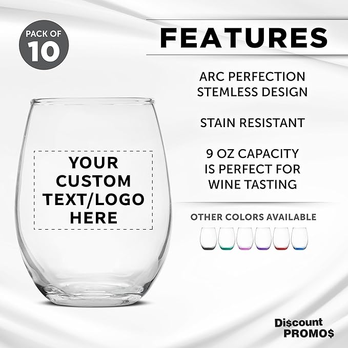 Custom Stemless Wine Glass 9 oz. Set of 10, Personalized Bulk Pack - Great for Wedding Favors, Bachelorette Party Decorations, Party Favors, Color Bottom - Clear